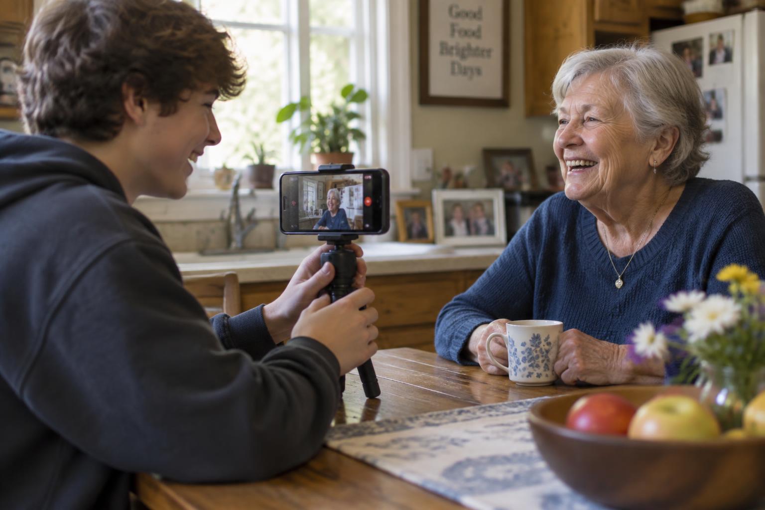 A teenager interviewing their grandmother, filming on an iPhone at a kitchen table